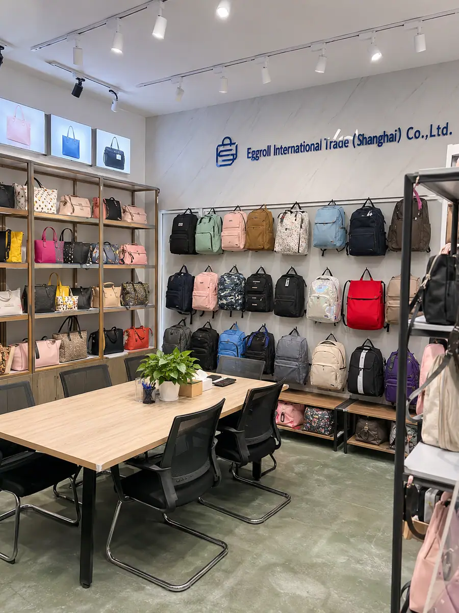 Eggroll Bags sample room in Shanghai with cooler bags and backpacks on display
