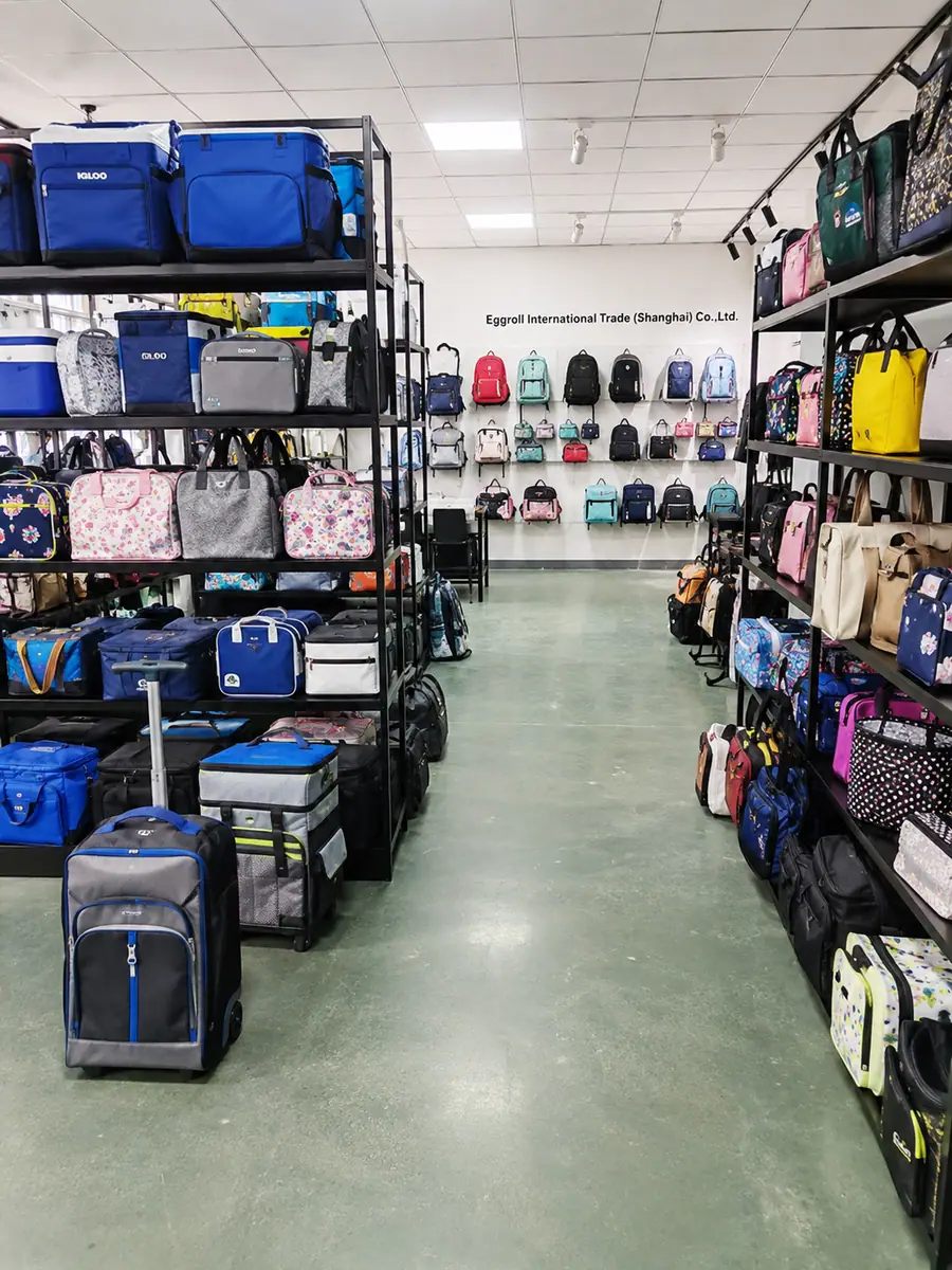 Cooler and lunch bag wall in the Shanghai sample room