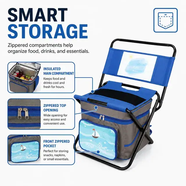 2-in-1 Portable Backpack with Folding Chair Cooler 34×27.5×27cm — construction detail 1