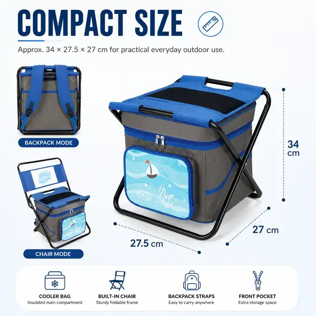 2-in-1 Portable Backpack with Folding Chair Cooler 34×27.5×27cm — construction detail 4
