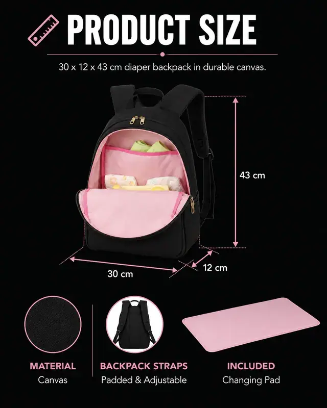 Baby Diaper Bag Backpack — 30 x 12 x 43 cm — construction detail 1