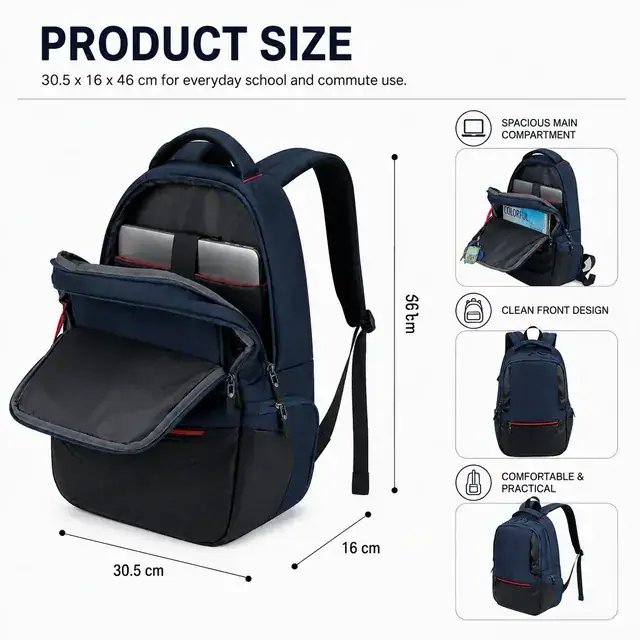 Custom School & Laptop Backpack — 30.5 x 16 x 46 cm — construction detail 1