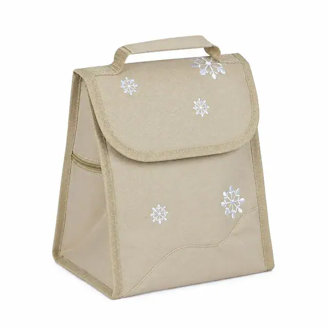 Beige Insulated Lunch Bag with Snowflake Embroidery 600D Polyester 22×17×25cm — product view