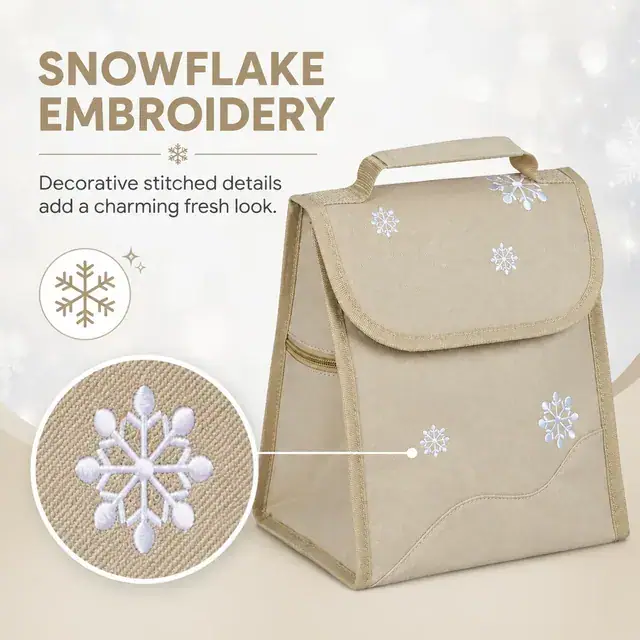 Beige Insulated Lunch Bag with Snowflake Embroidery 600D Polyester 22×17×25cm — construction detail 1