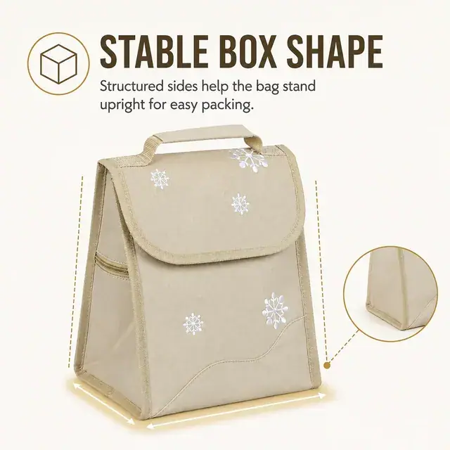 Beige Insulated Lunch Bag with Snowflake Embroidery 600D Polyester 22×17×25cm — construction detail 2