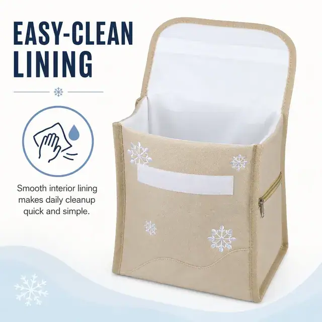 Beige Insulated Lunch Bag with Snowflake Embroidery 600D Polyester 22×17×25cm — construction detail 3