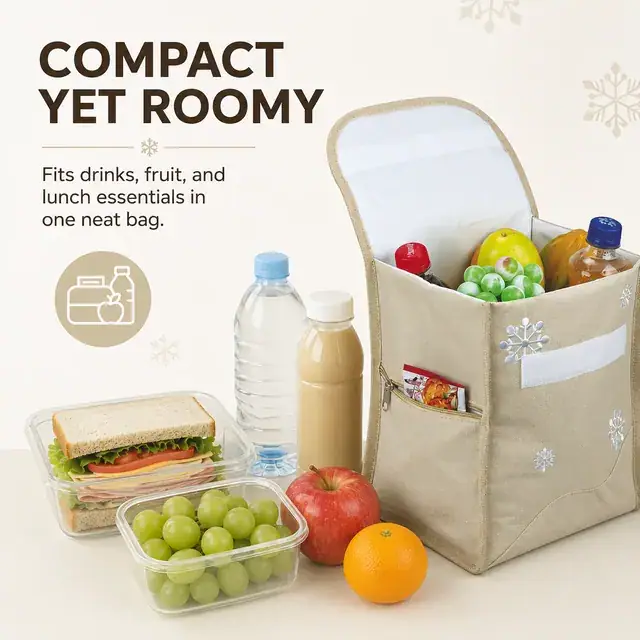 Beige Insulated Lunch Bag with Snowflake Embroidery 600D Polyester 22×17×25cm — construction detail 4