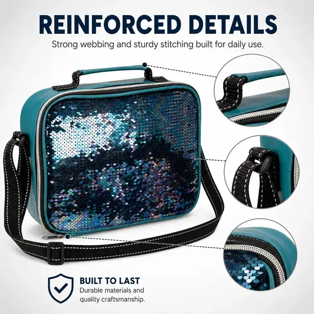 Small PU Leather & Sequin Lunch Cooler Bag 25.5×7×20cm — construction detail 3