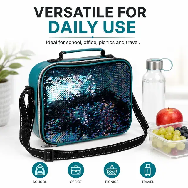 Small PU Leather & Sequin Lunch Cooler Bag 25.5×7×20cm — construction detail 4