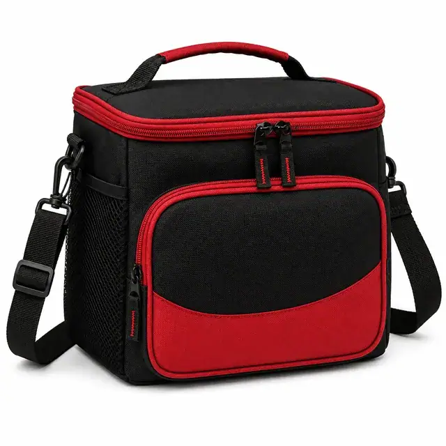 Black and Red Insulated Lunch Bag with Adjustable Shoulder Strap (420D Jacquard, 26×17.5×32 cm) — product view