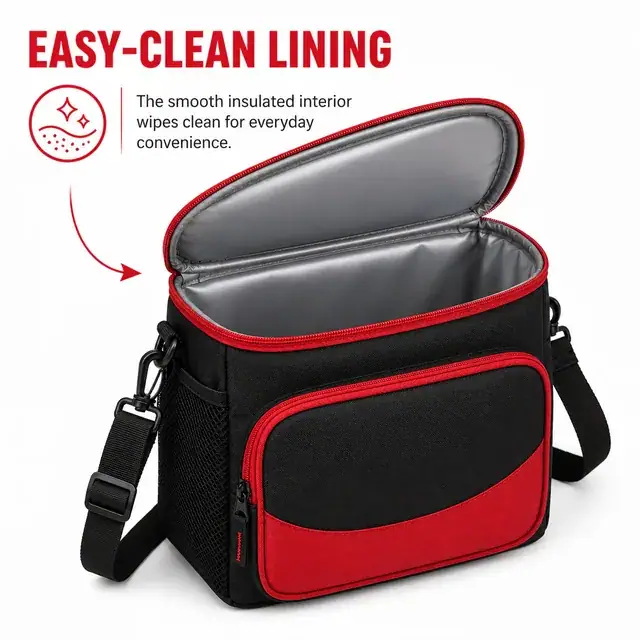 Black and Red Insulated Lunch Bag with Adjustable Shoulder Strap (420D Jacquard, 26×17.5×32 cm) — construction detail 1