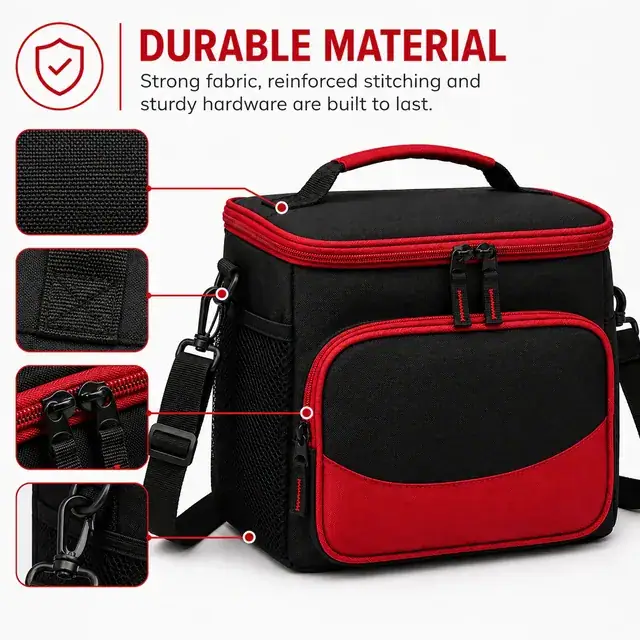 Black and Red Insulated Lunch Bag with Adjustable Shoulder Strap (420D Jacquard, 26×17.5×32 cm) — construction detail 2