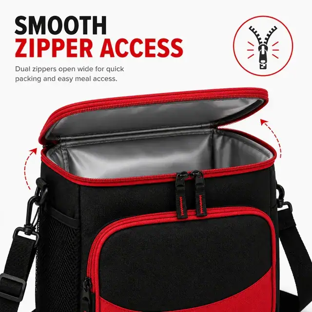 Black and Red Insulated Lunch Bag with Adjustable Shoulder Strap (420D Jacquard, 26×17.5×32 cm) — construction detail 3