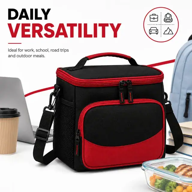 Black and Red Insulated Lunch Bag with Adjustable Shoulder Strap (420D Jacquard, 26×17.5×32 cm) — construction detail 4