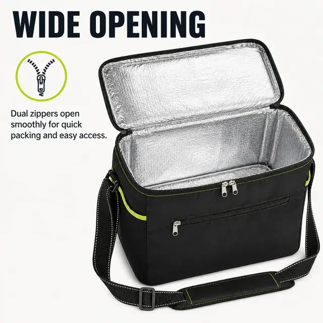 Black Insulated Lunch Bag with Adjustable Shoulder Strap (300D/PU, 35.5×24.5×29 cm) — construction detail 1