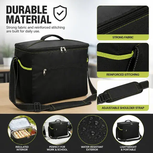 Black Insulated Lunch Bag with Adjustable Shoulder Strap (300D/PU, 35.5×24.5×29 cm) — construction detail 2