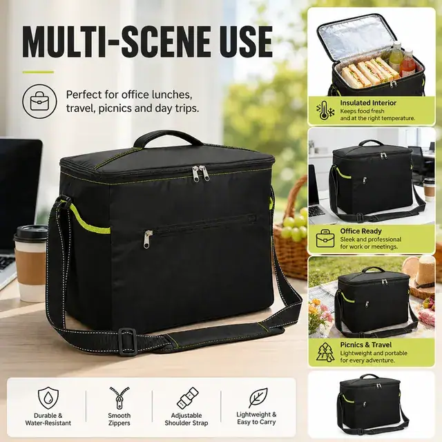Black Insulated Lunch Bag with Adjustable Shoulder Strap (300D/PU, 35.5×24.5×29 cm) — construction detail 3