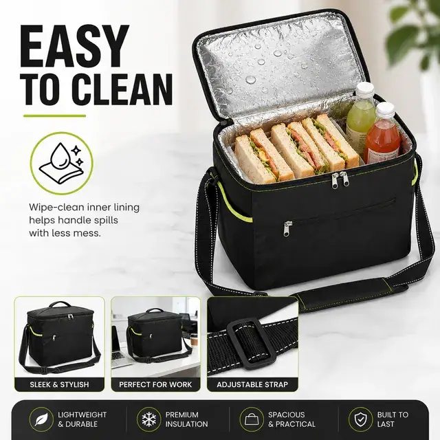 Black Insulated Lunch Bag with Adjustable Shoulder Strap (300D/PU, 35.5×24.5×29 cm) — construction detail 4