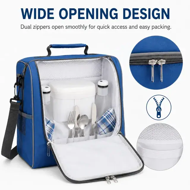 Blue Insulated Lunch Bag with Adjustable Shoulder Strap (Polyester, 34×24×31.5 cm) — construction detail 1
