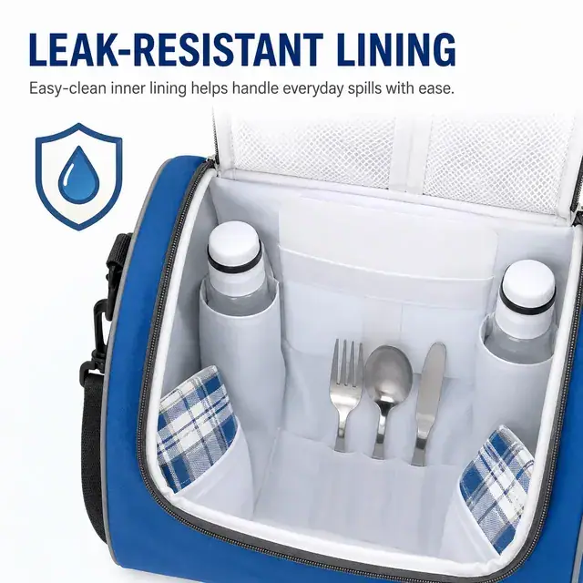 Blue Insulated Lunch Bag with Adjustable Shoulder Strap (Polyester, 34×24×31.5 cm) — construction detail 2