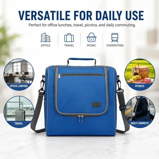 Blue Insulated Lunch Bag with Adjustable Shoulder Strap (Polyester, 34×24×31.5 cm) — construction detail 4