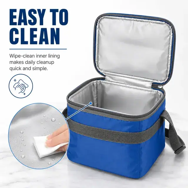 Blue Insulated Lunch Bag with Double Handles and Zipper Closure (420D/PVC, 26.5×20×20 cm) — construction detail 1