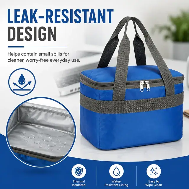 Blue Insulated Lunch Bag with Double Handles and Zipper Closure (420D/PVC, 26.5×20×20 cm) — construction detail 2