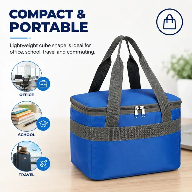 Blue Insulated Lunch Bag with Double Handles and Zipper Closure (420D/PVC, 26.5×20×20 cm) — construction detail 3