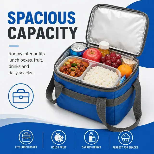 Blue Insulated Lunch Bag with Double Handles and Zipper Closure (420D/PVC, 26.5×20×20 cm) — construction detail 4