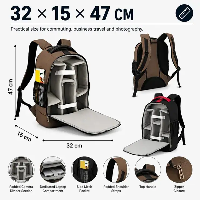 Camera & Laptop Backpack — Canvas + PU, 32×15×47 cm — construction detail 1