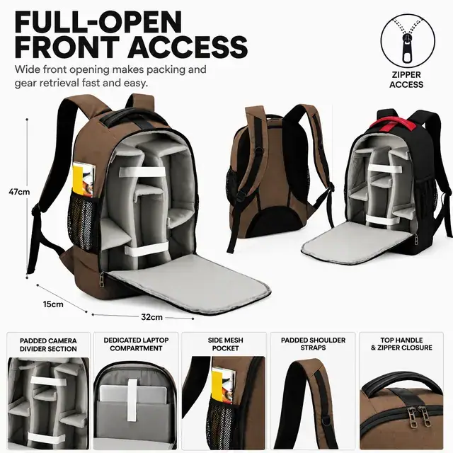 Camera & Laptop Backpack — Canvas + PU, 32×15×47 cm — construction detail 2