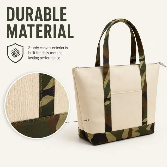 Camouflage Bottom Insulated Lunch Bag with Long Handles (600×300D, (44+31)×15×33.5 cm) — construction detail 1
