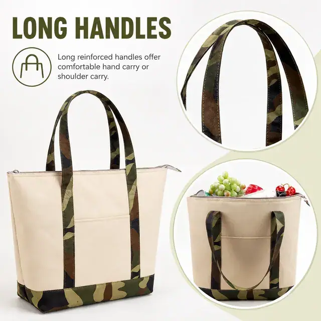 Camouflage Bottom Insulated Lunch Bag with Long Handles (600×300D, (44+31)×15×33.5 cm) — construction detail 2