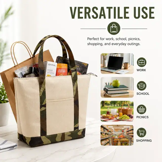 Camouflage Bottom Insulated Lunch Bag with Long Handles (600×300D, (44+31)×15×33.5 cm) — construction detail 3