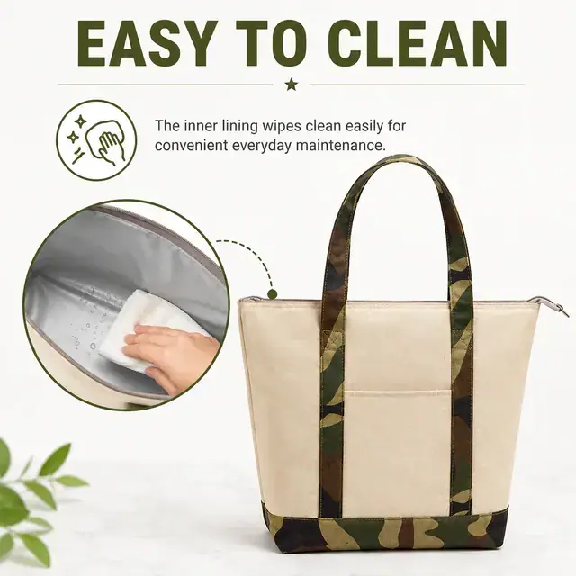 Camouflage Bottom Insulated Lunch Bag with Long Handles (600×300D, (44+31)×15×33.5 cm) — construction detail 4
