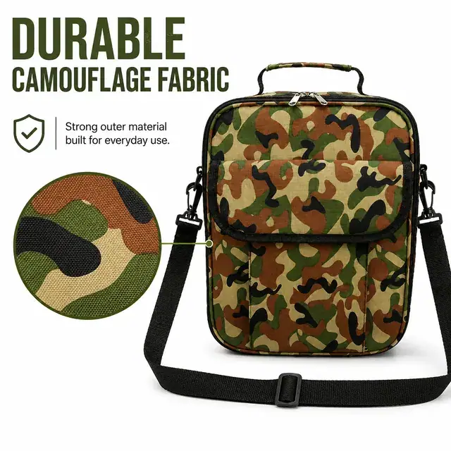 Camouflage Insulated Lunch Bag with Adjustable Shoulder Strap (23×12×30 cm) — construction detail 1