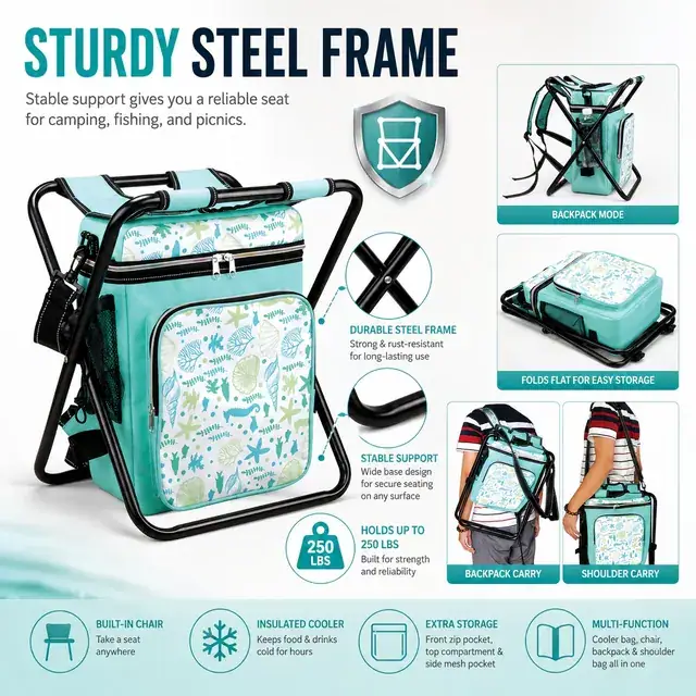 Multi-Function Camping Folding Chair Cooler Bag 600D+Microfiber 35×30×42cm — construction detail 2
