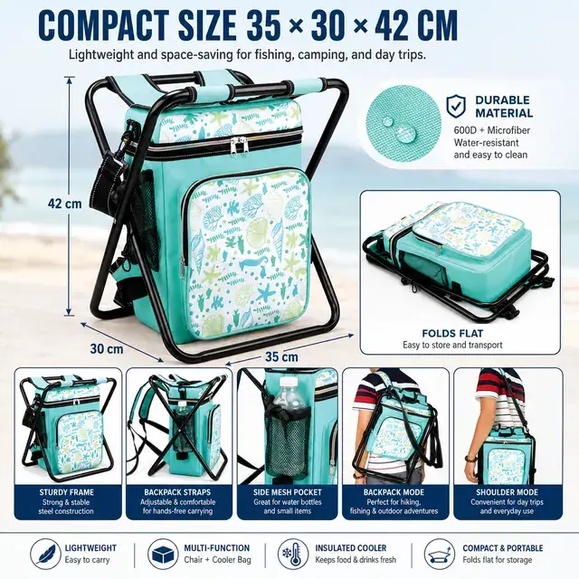 Multi-Function Camping Folding Chair Cooler Bag 600D+Microfiber 35×30×42cm — construction detail 4