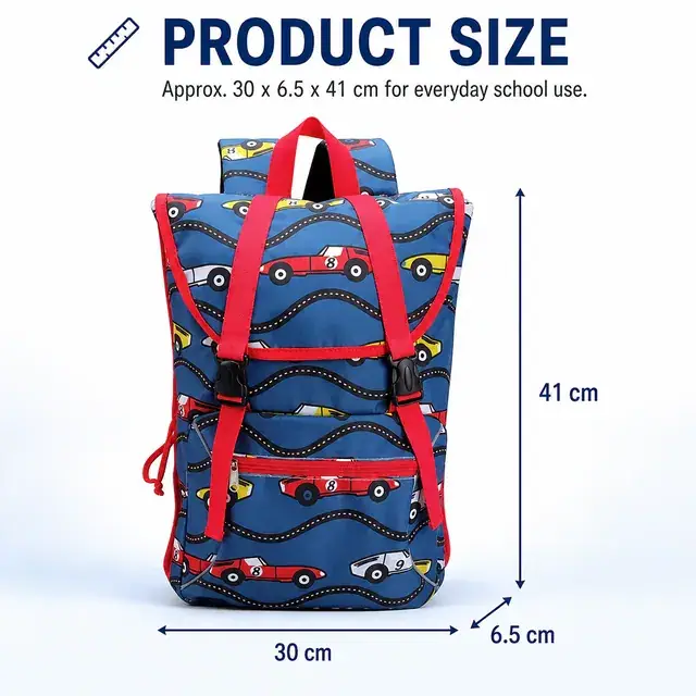 Printed Kids School Backpack — 30 x 6.5 x 41 cm — construction detail 1