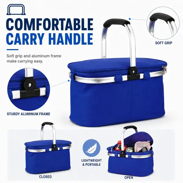 Collapsible Portable Lunch Basket Cooler Bag 600D Polyester+PEVA 38×23×30cm — construction detail 2