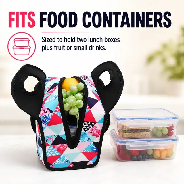 Colorful Geometric Insulated Lunch Bag with Handle Design (Neoprene, 22×12.5×25 cm) — construction detail 2