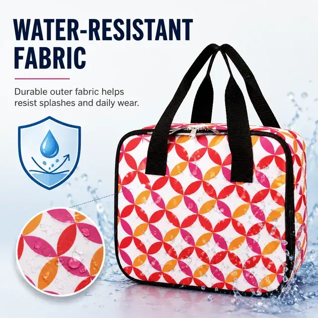 Colorful Geometric Insulated Lunch Bag with Handles (600D/PU, 25.5×9.5×21.5 cm) — construction detail 1