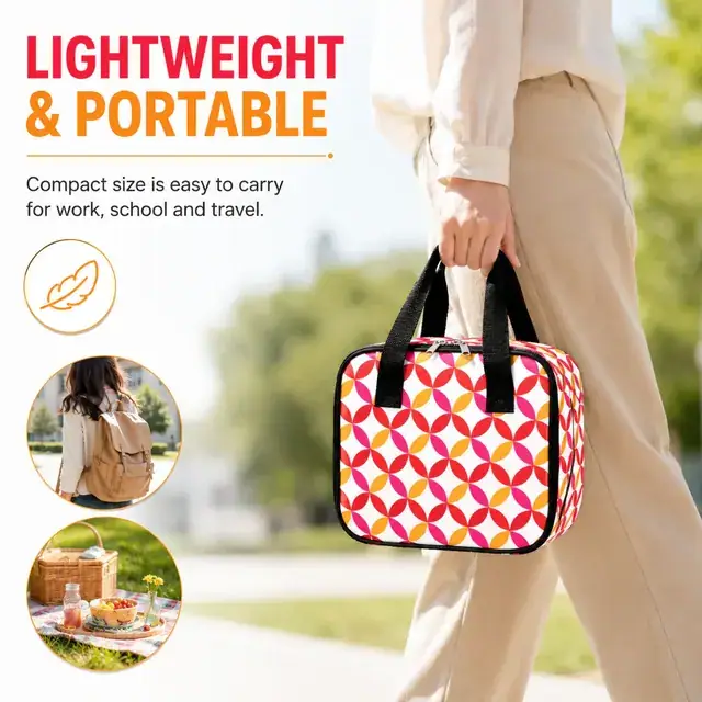 Colorful Geometric Insulated Lunch Bag with Handles (600D/PU, 25.5×9.5×21.5 cm) — construction detail 3