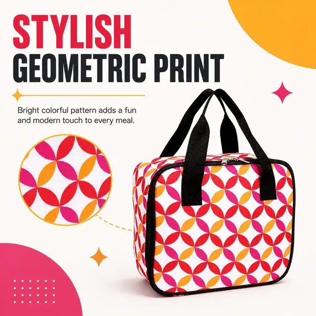 Colorful Geometric Insulated Lunch Bag with Handles (600D/PU, 25.5×9.5×21.5 cm) — construction detail 4