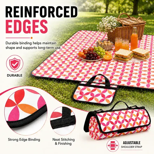 Colorful Geometric Picnic Blanket with Handle and Adjustable Strap (200G Fleece, 150*135cm) — construction detail 2