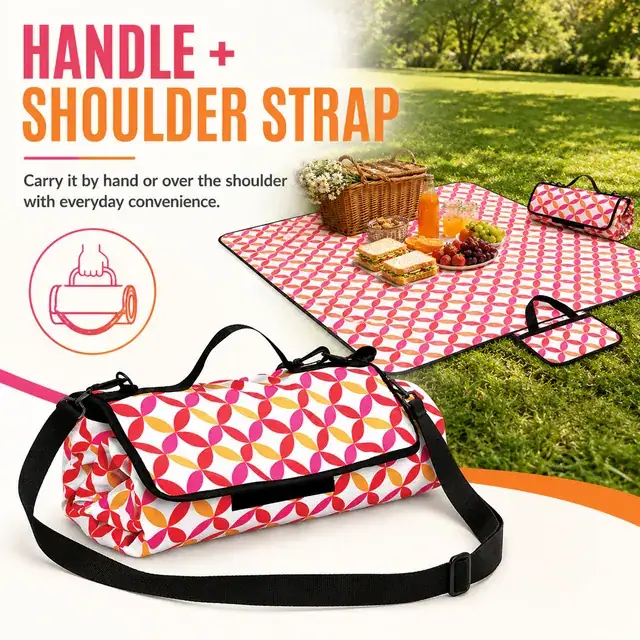 Colorful Geometric Picnic Blanket with Handle and Adjustable Strap (200G Fleece, 150*135cm) — construction detail 3