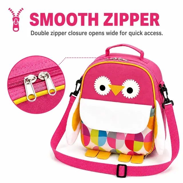 Colorful Owl Shaped Insulated Lunch Bag with Adjustable Strap (600D/PU, 21.5×10×26.5 cm) — construction detail 1
