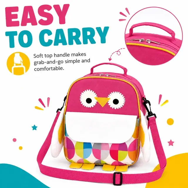 Colorful Owl Shaped Insulated Lunch Bag with Adjustable Strap (600D/PU, 21.5×10×26.5 cm) — construction detail 2