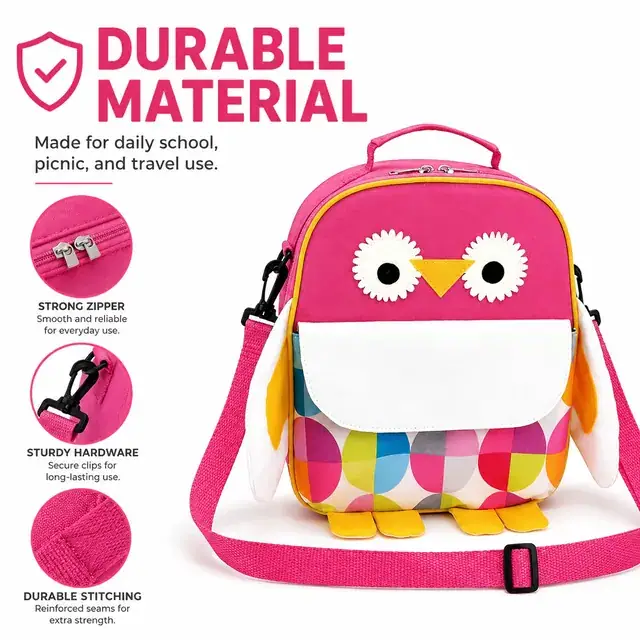 Colorful Owl Shaped Insulated Lunch Bag with Adjustable Strap (600D/PU, 21.5×10×26.5 cm) — construction detail 3