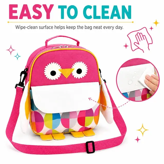 Colorful Owl Shaped Insulated Lunch Bag with Adjustable Strap (600D/PU, 21.5×10×26.5 cm) — construction detail 4